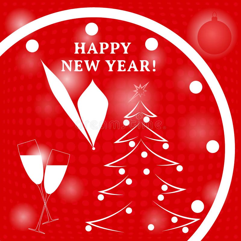 Happy New Year. Watch, Christmas Balls and Tree. Vector in Red C Stock