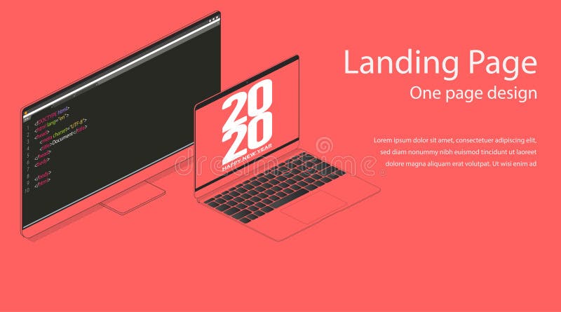 Happy new year 2020 web landing page design template. Flat isometric modern monitor and notebook illustration. Internet HTML code stock illustration Happy new year 2020 web landing page design template. Flat isometric modern monitor and notebook illustration. Internet HTML code stock illustration