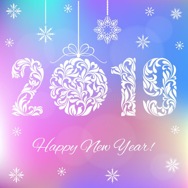Happy New Year 2019. White numbers and Christmas ball on a holographic background. vector illustration Happy New Year 2019. White numbers and Christmas ball on a holographic background. vector illustration