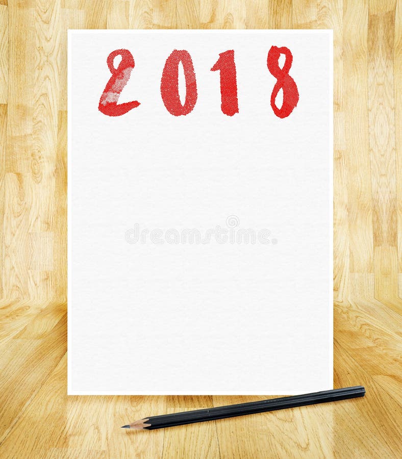 Happy new year 2018 on white paper frame with pencil in hand brush style in wood parquet room,Holiday greeting card,mock up for. Adding design or text stock photos