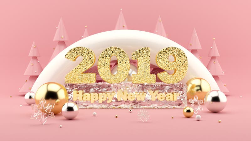 2019 Happy New Year Wish 3D composition in millennial pink colors and Christmas trees with decorations around. vector illustration 2019 Happy New Year Wish 3D composition in millennial pink colors and Christmas trees with decorations around. vector illustration