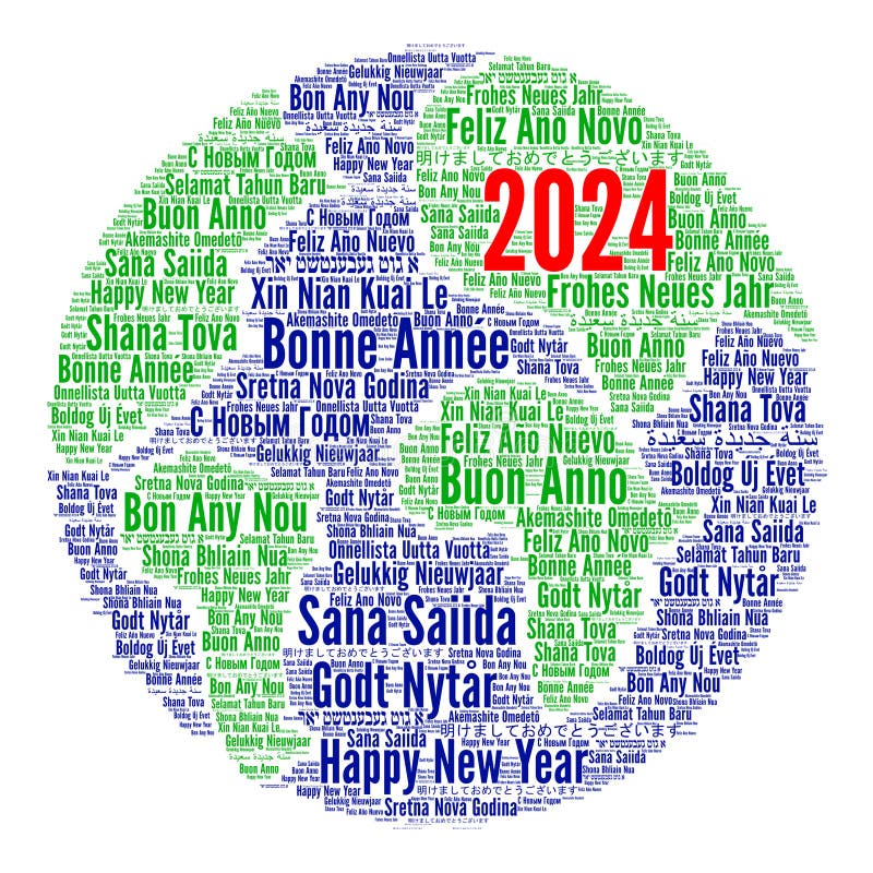 Happy New Year 2024 Word Cloud in Different Languages Stock