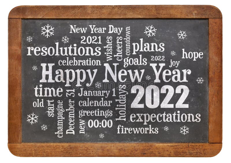 Happy New Year 2022 on blackboard. Happy New Year 2022 word cloud - white chalk text on a vintage slate blackboard isolated on white royalty free stock photos