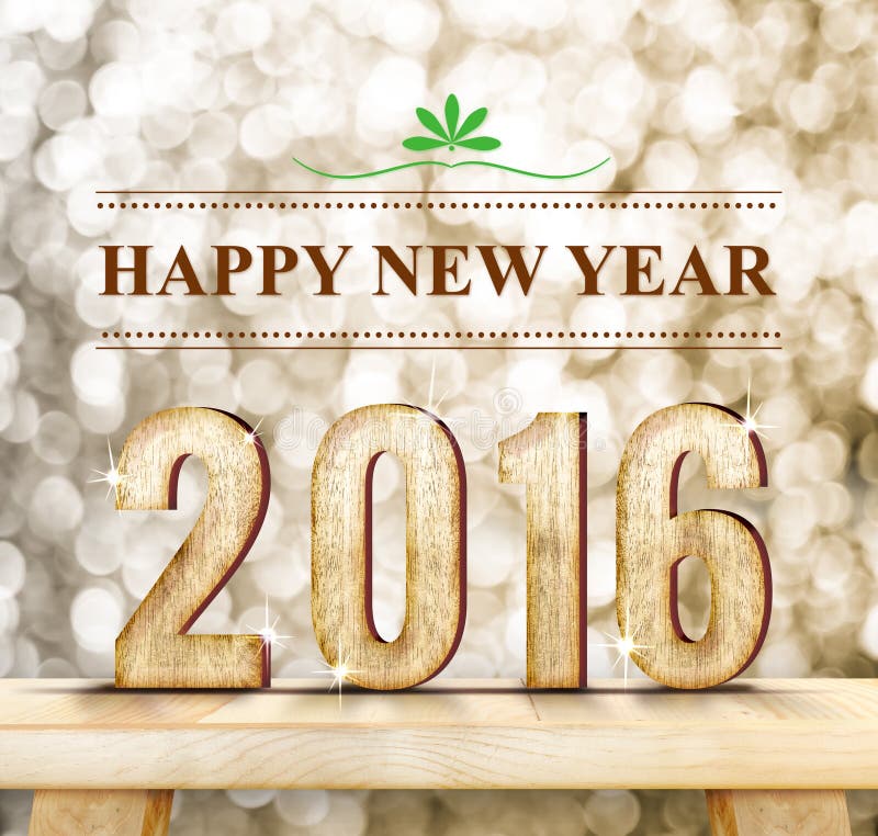 Happy New Year word and 2016 wood number on modern wooden table with sparkling bokeh wall,Holiday concept..