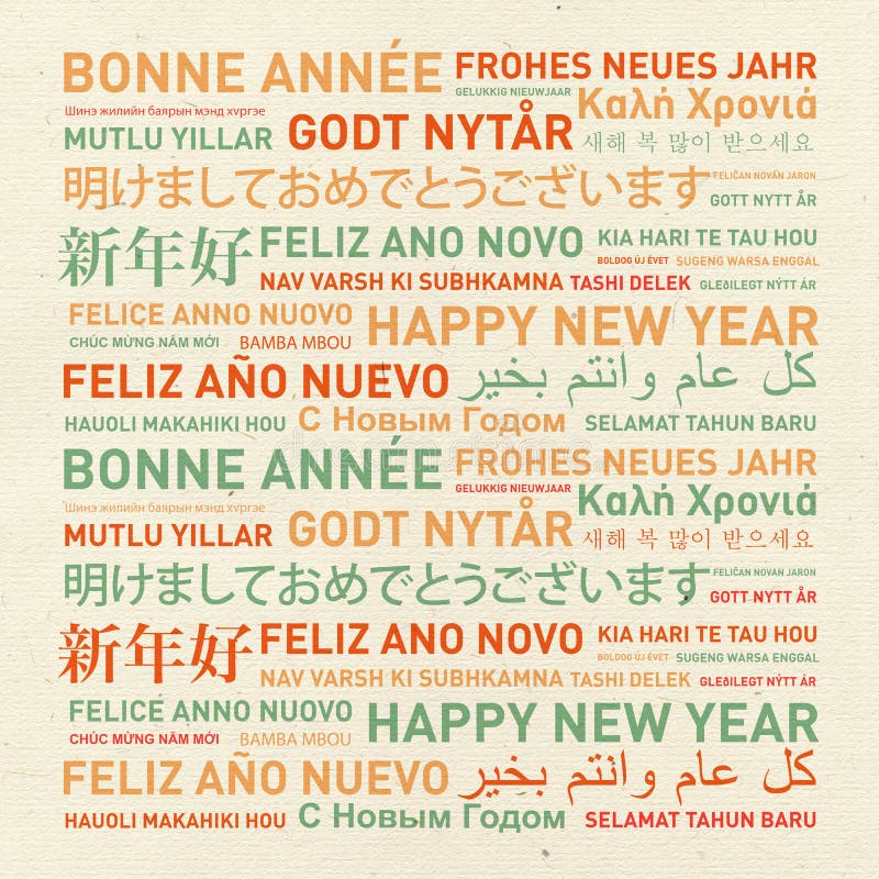 Happy new year from the world. Different languages celebration card