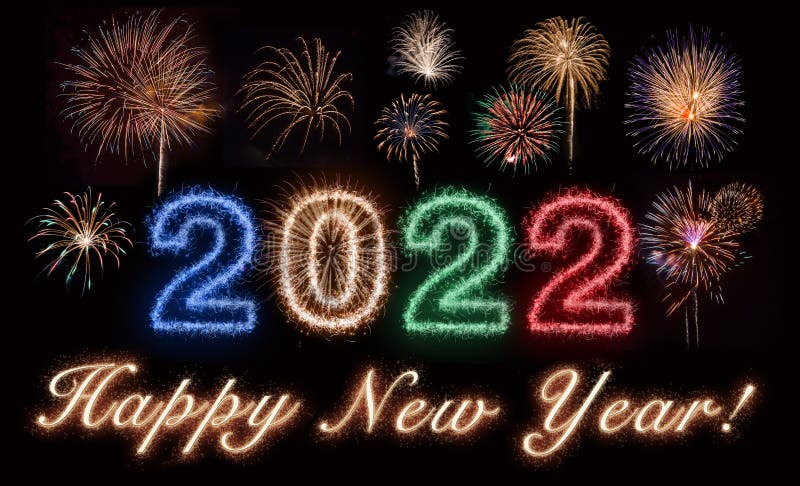 Happy New Year 2022 Written In Fireworks Text. With fireworks on black vector illustration