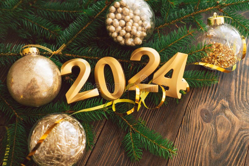 Happy New Years 2024. Christmas Tree and Christmas Decorations Stock ...