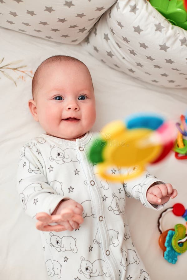 Happy Newborn Baby in Crib at Home Stock Image - Image of life, white ...