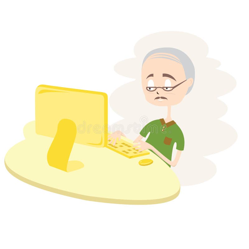 Happy Old Man Using Computer. vector illustration