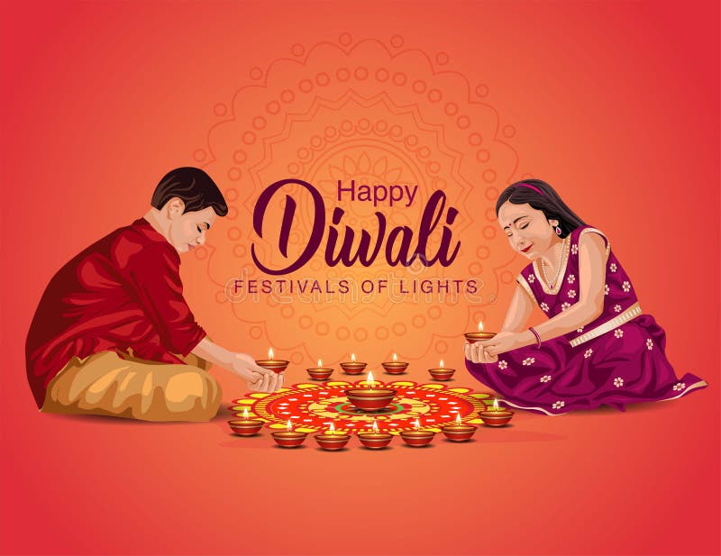 Happy Diwali greetings vector illustration. illustration of children`s making Rangoli and diya decoration. Happy Diwali greetings vector illustration. illustration of children`s making Rangoli and diya decoration.