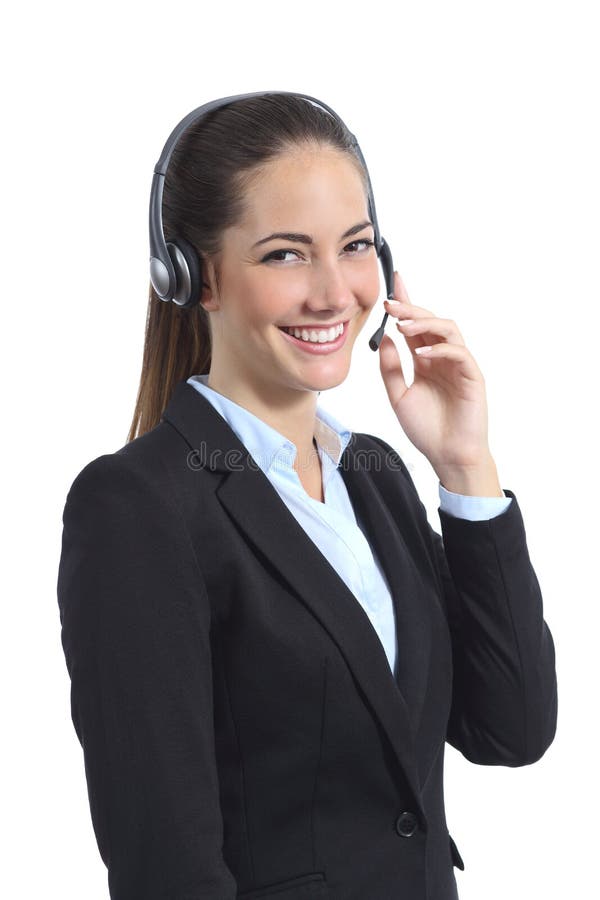 Happy operator with headset attending on the phone isolated on a white background