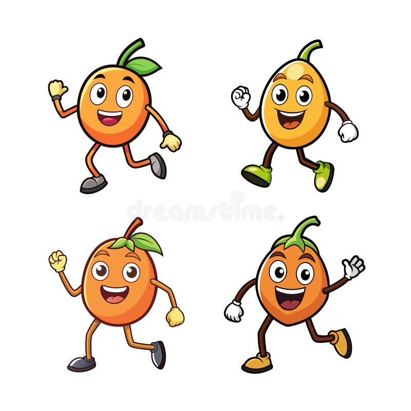 Happy Orange Fruit Characters Running on a White Background stock illustration