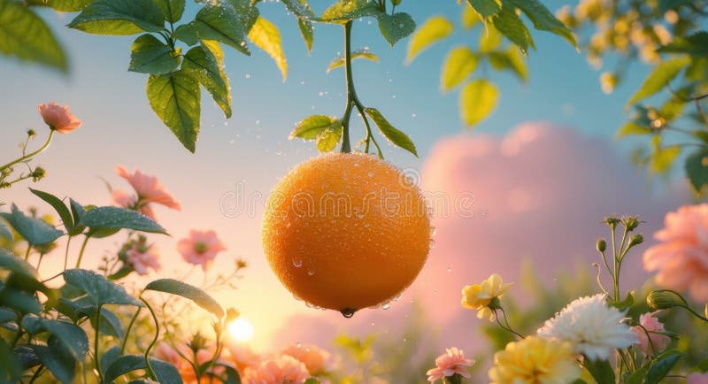 Happy orange fruit swinging in magical garden at sunset stock photo