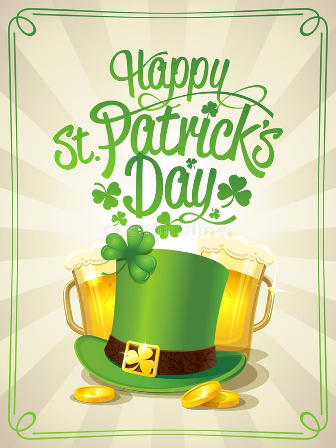 Happy Patrick`s Day Card with Leprechaun Hat, Beer Mugs and Golden ...