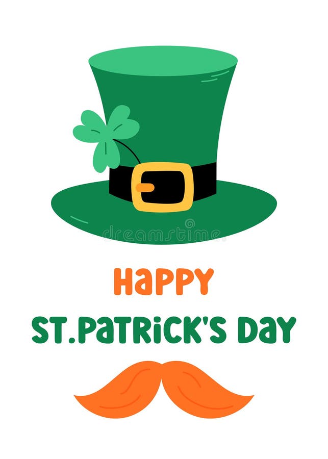 Happy Patricks Day lustige Gruß Karte Vektor Illustration. Kobelhut mit Shamrock-Schnurrbart und Text. farbig vektor abbildung