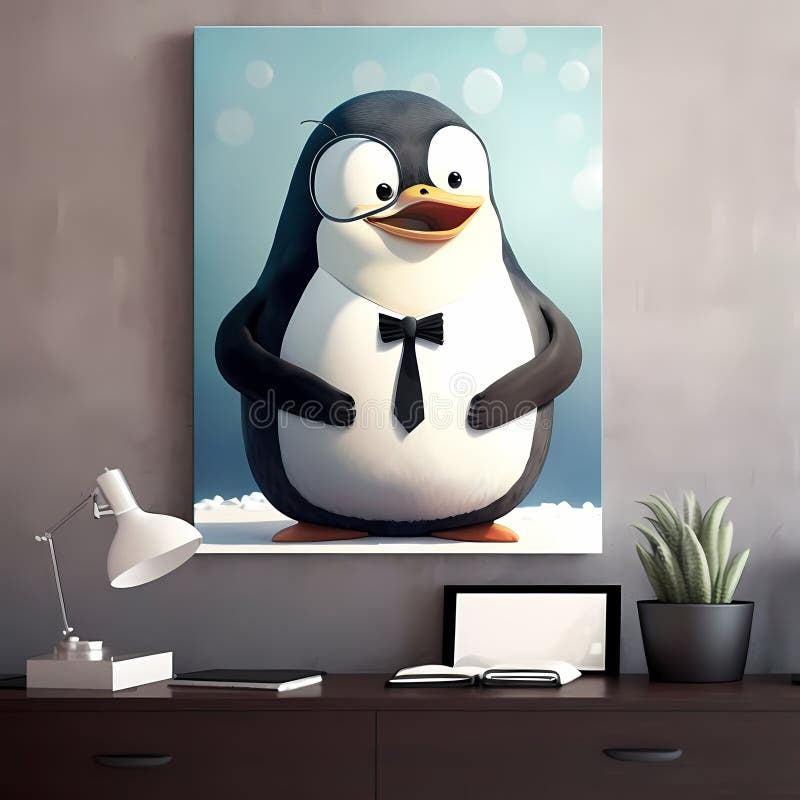 Happy Penguin Businessman Frame In Office. Generative AI stock illustration