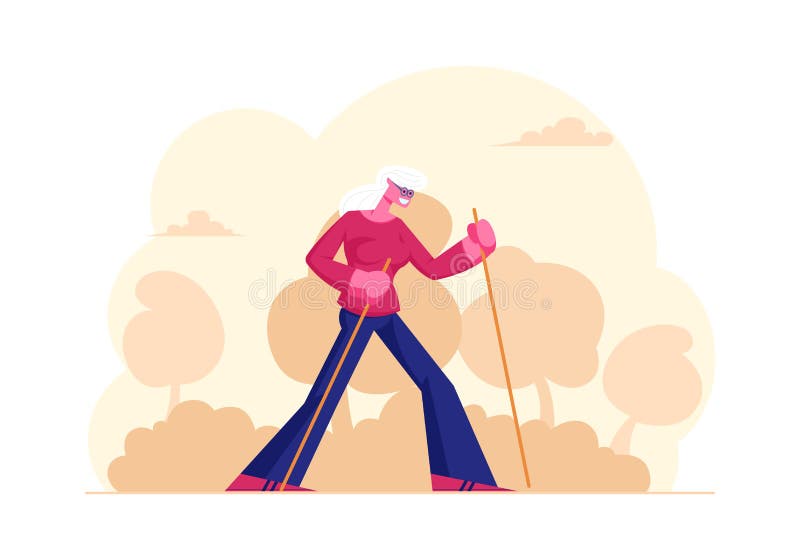 Happy Pensioner Woman Healthy Lifestyle and Outdoors Sport. Senior Female Character Exercising with Scandinavian Walking stock illustration Happy Pensioner Woman Healthy Lifestyle and Outdoors Sport. Senior Female Character Exercising with Scandinavian Walking stock illustration