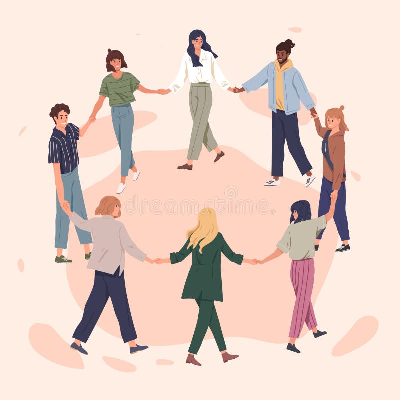 Happy people holding hands together flat vector illustration. Adult men and women standing in circle cartoon characters