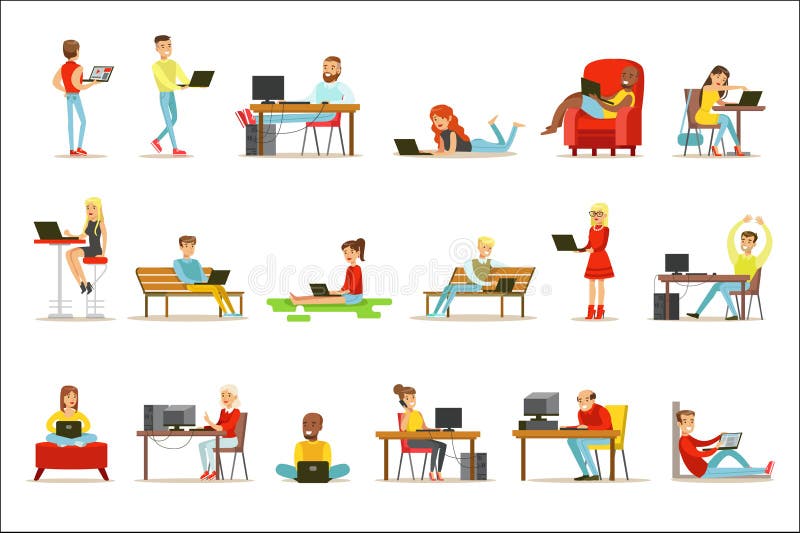 Happy People Spending Their Time Using Computer Set Of Vector Illustrations With Men And Women Using Modern Technology vector illustration