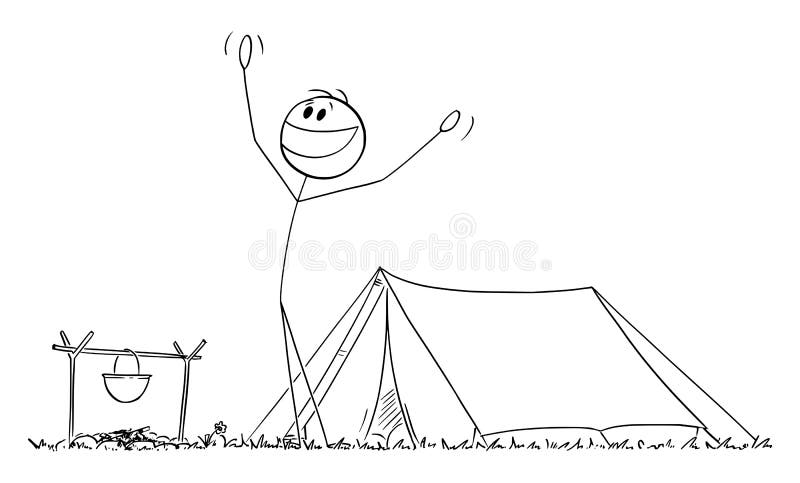 Happy Person Enjoying Morning Near Tent in Nature , Vector Cartoon Stick Figure Illustration