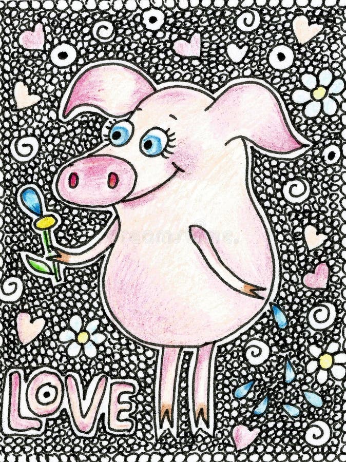 Happy pig with a flower in a hand. Cute piggy in cartoon style on white backgraund with hearts.