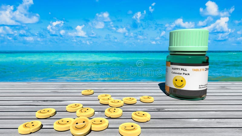 Happy pills, smiley tables, sadness treatment, perfect blue ocean and a sunny day