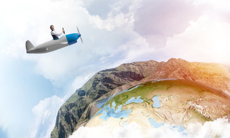 Happy pilot driving small propeller plane stock illustration Happy pilot driving small propeller plane stock illustration