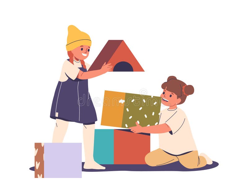 Happy playful girls children cartoon characters playing with building blocks sitting on room floor stock illustration