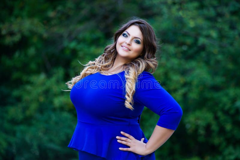 Happy Plus Size Fashion Model Outdoors, Fat Woman with Beauty Makeup ...