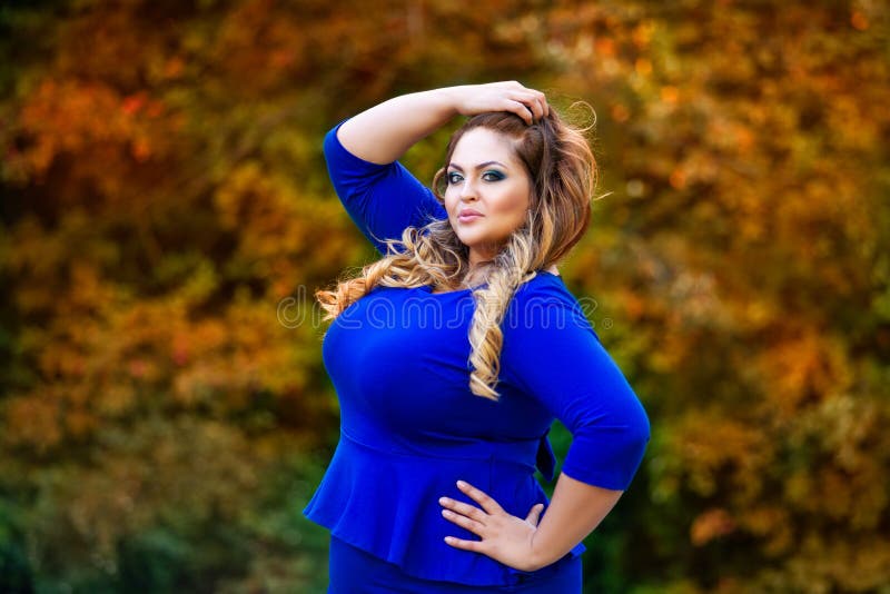 Happy Plus Size Model in Blue Dress Outdoors, Fat Woman in Autumn Park ...