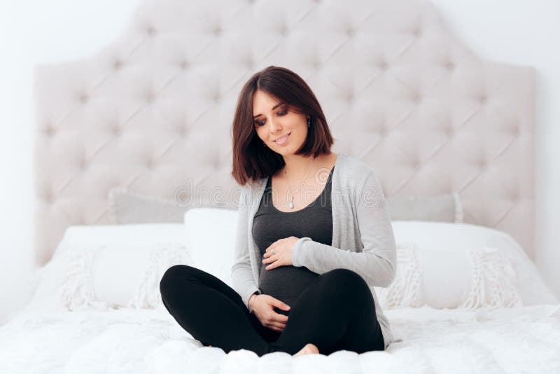 Happy Pregnant Woman Caressing Her Popping Belly Stock Image Image Of Expectant Expecting