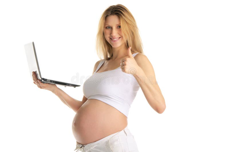 Happy pregnant woman with laptop