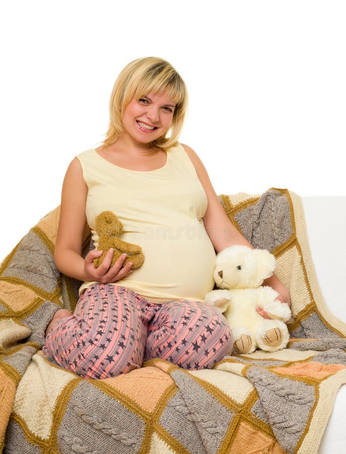 Happy Pregnant Woman on Sofa Stock Image Image of pregnant, portrait