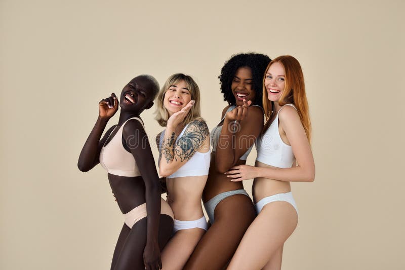 Happy Pretty Diverse Girls Wearing Underwear Dancing on Beige Background.  Stock Image - Image of european, empowerment: 292738431