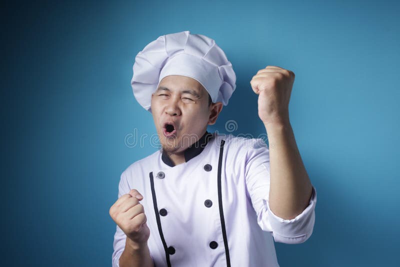 Happy Proud Asian Chef Shows Winning Gesture Stock Image Image Of