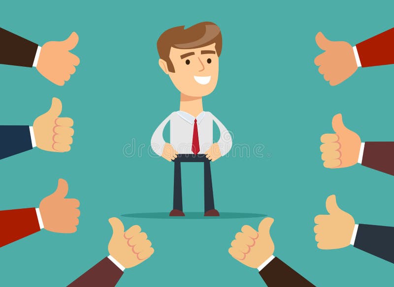 Happy and Proud Man with Many Thumbs Up Hands Around Him. Stock Vector - Illustration of confident, businessperson: 100544490
