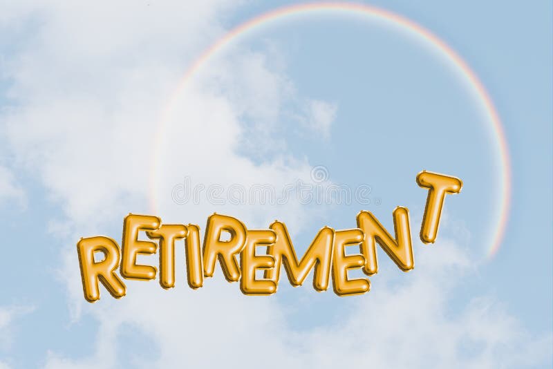 Happy retirement concept, blue sky, rainbow. Freedom, dreams and hopes with text word. Bright optimistic future.