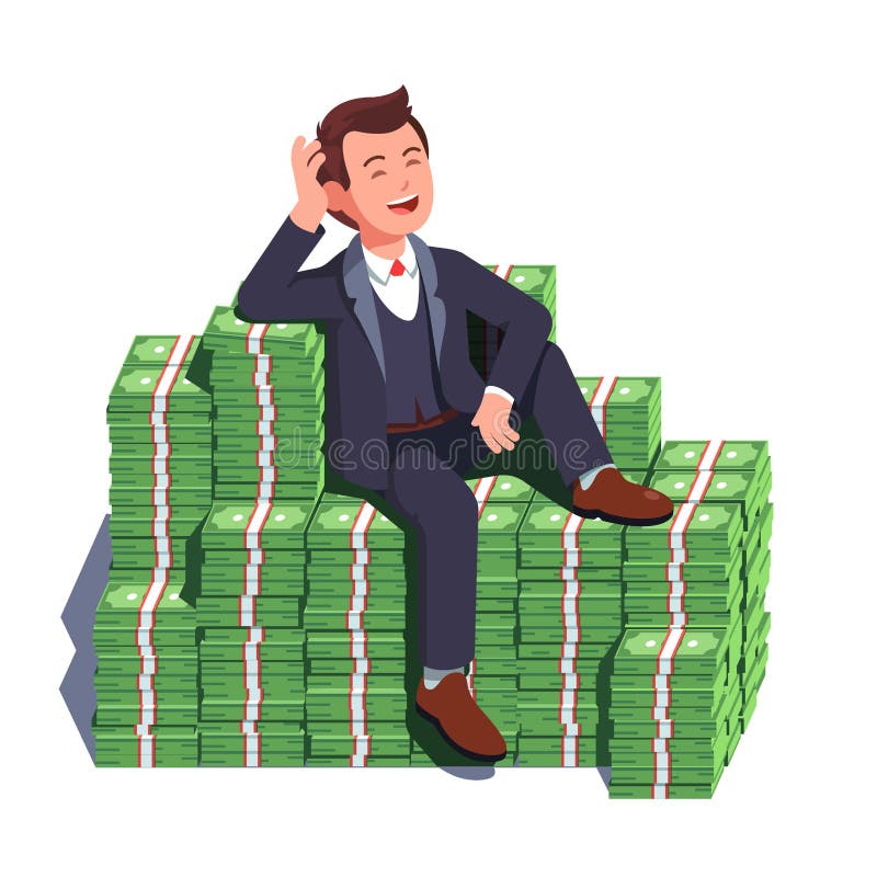 Business man sitting on big heap of stacked money