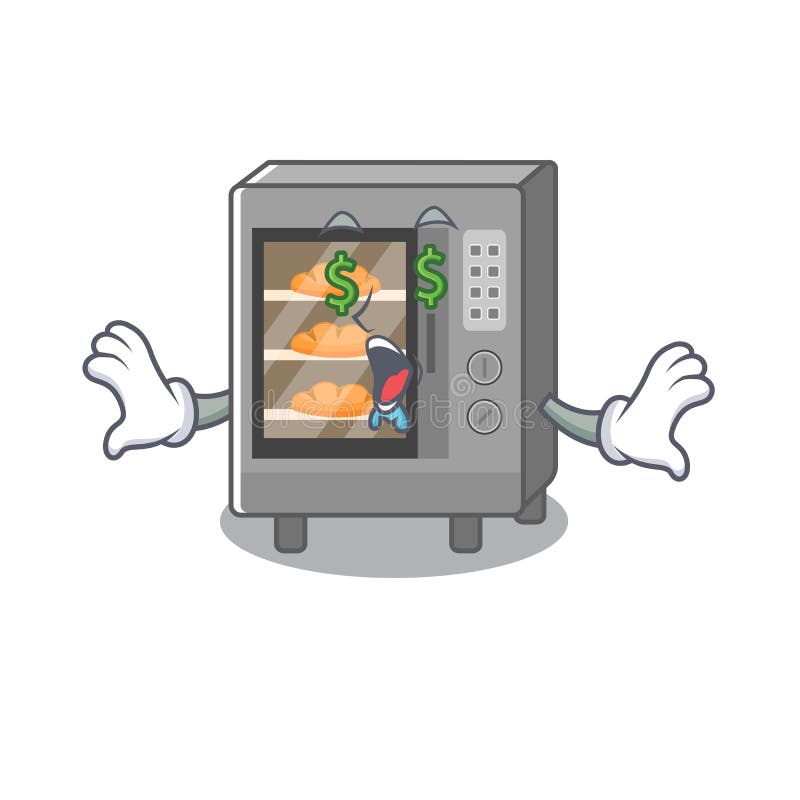 Happy rich oven cake cartoon character with Money eye royalty free illustration Happy rich oven cake cartoon character with Money eye royalty free illustration