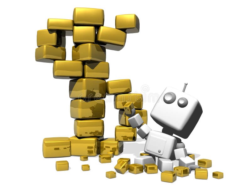 Happy robot and golden cubes.