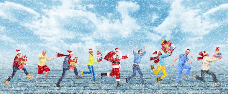 Happy running Christmas people. stock image Happy running Christmas people. stock image