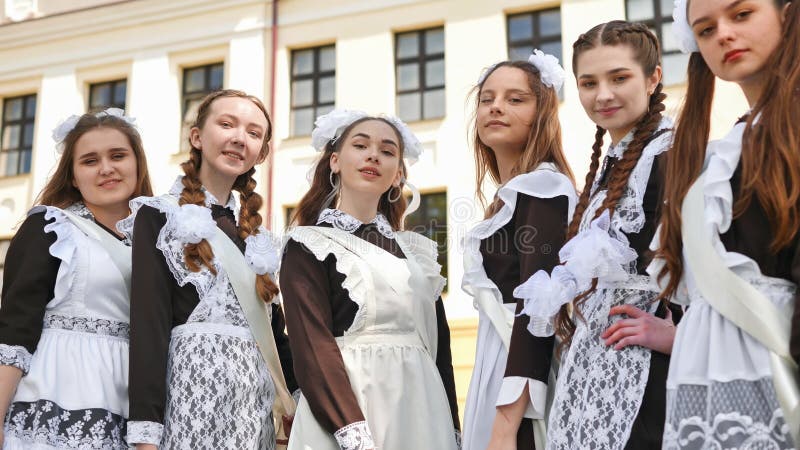 Happy Russian Girls Graduating On Graduation Day Stock Image Image Of Uniform Street 238750723