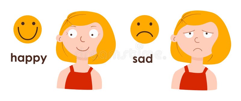 Happy and Sad Face of Little Girl. Changing Emotions, Teaching Material.  Antonyms are Good and Bad. Feelings of Joy and Grief. Stock Vector -  Illustration of children, girl: 213528674
