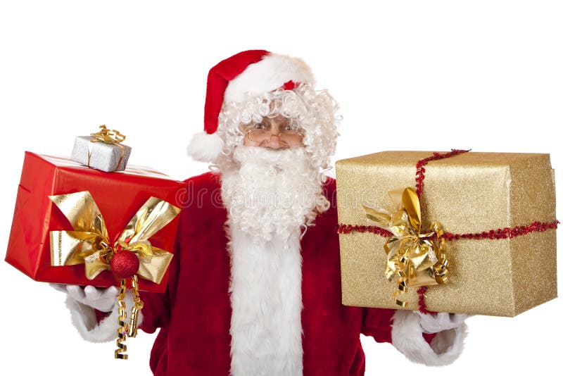 Happy Santa Claus holding Christmas gifts in hands