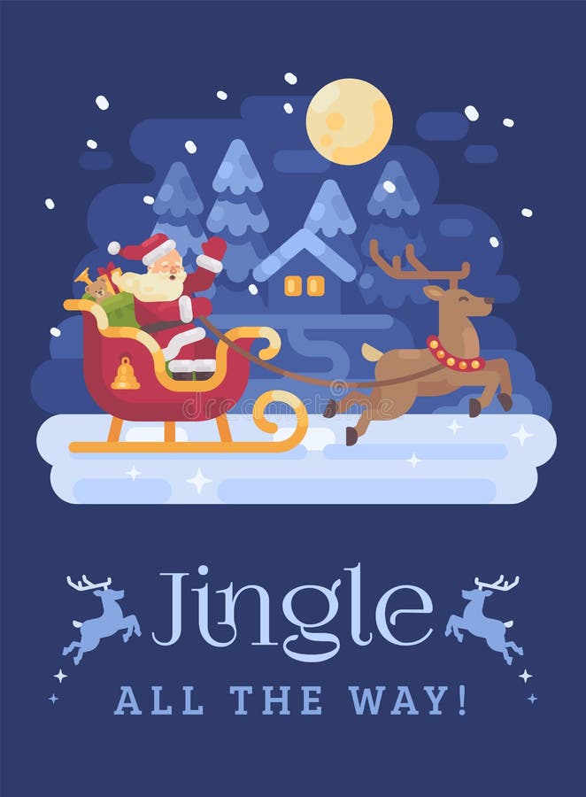 Happy Santa Claus riding in a sleigh drawn by reindeer across a snowy night winter village landscape. Christmas flat illustration