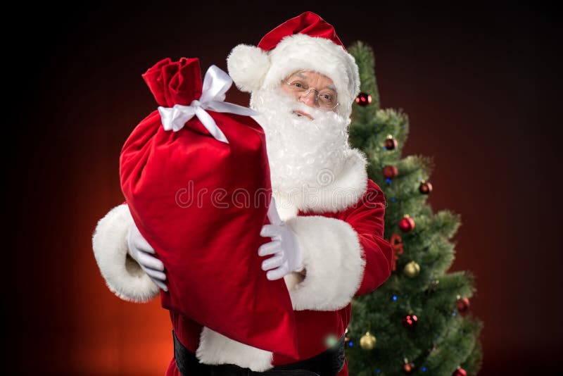 Happy Santa Claus Showing Big Sack Stock Image Image of holiday
