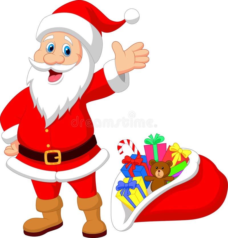 Happy Santa Clause cartoon with gift stock illustration