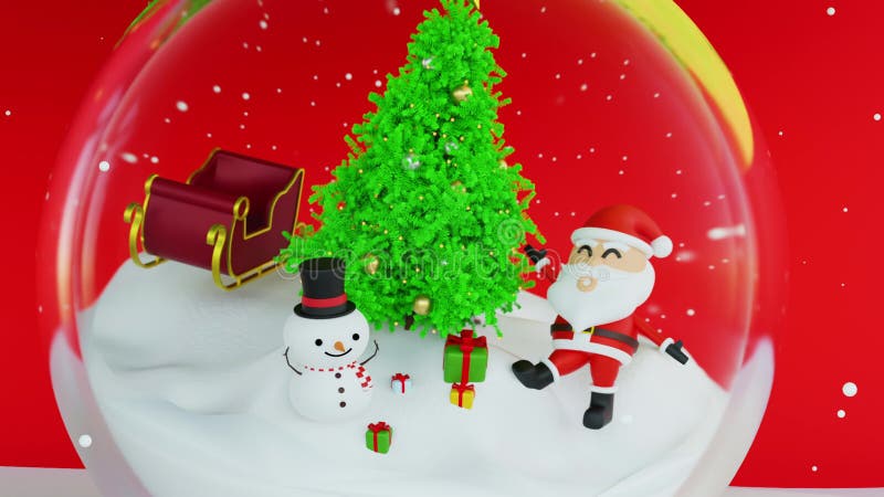 Happy Santa clause with sleigh near snowman and Christmas tree and gifts box, snow, glass ball, 3D rendering.