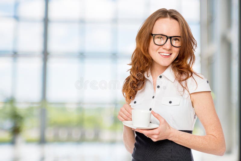 Happy secretary with coffee stock photo Happy secretary with coffee stock photo