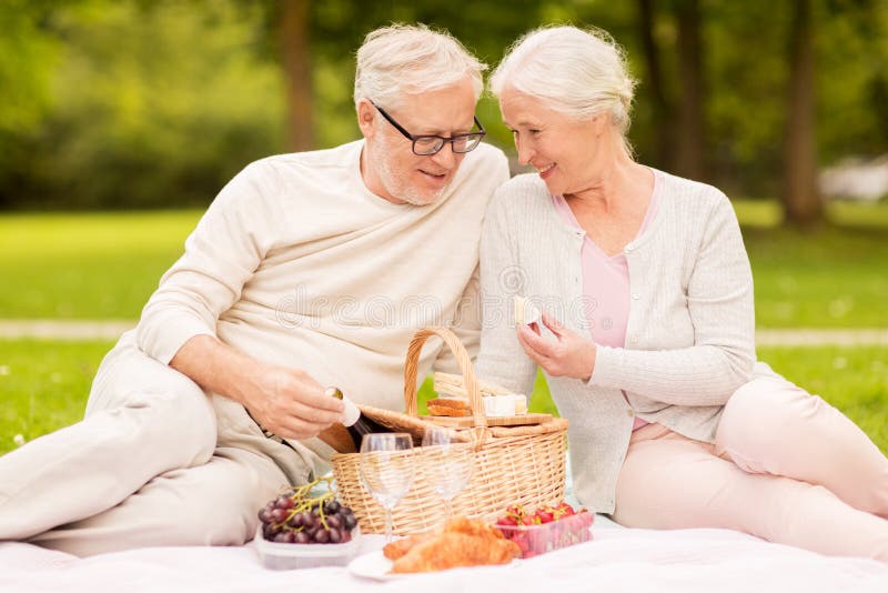 Happy Senior Couple Having Picnic At Summer Park Stock Image Image Of 